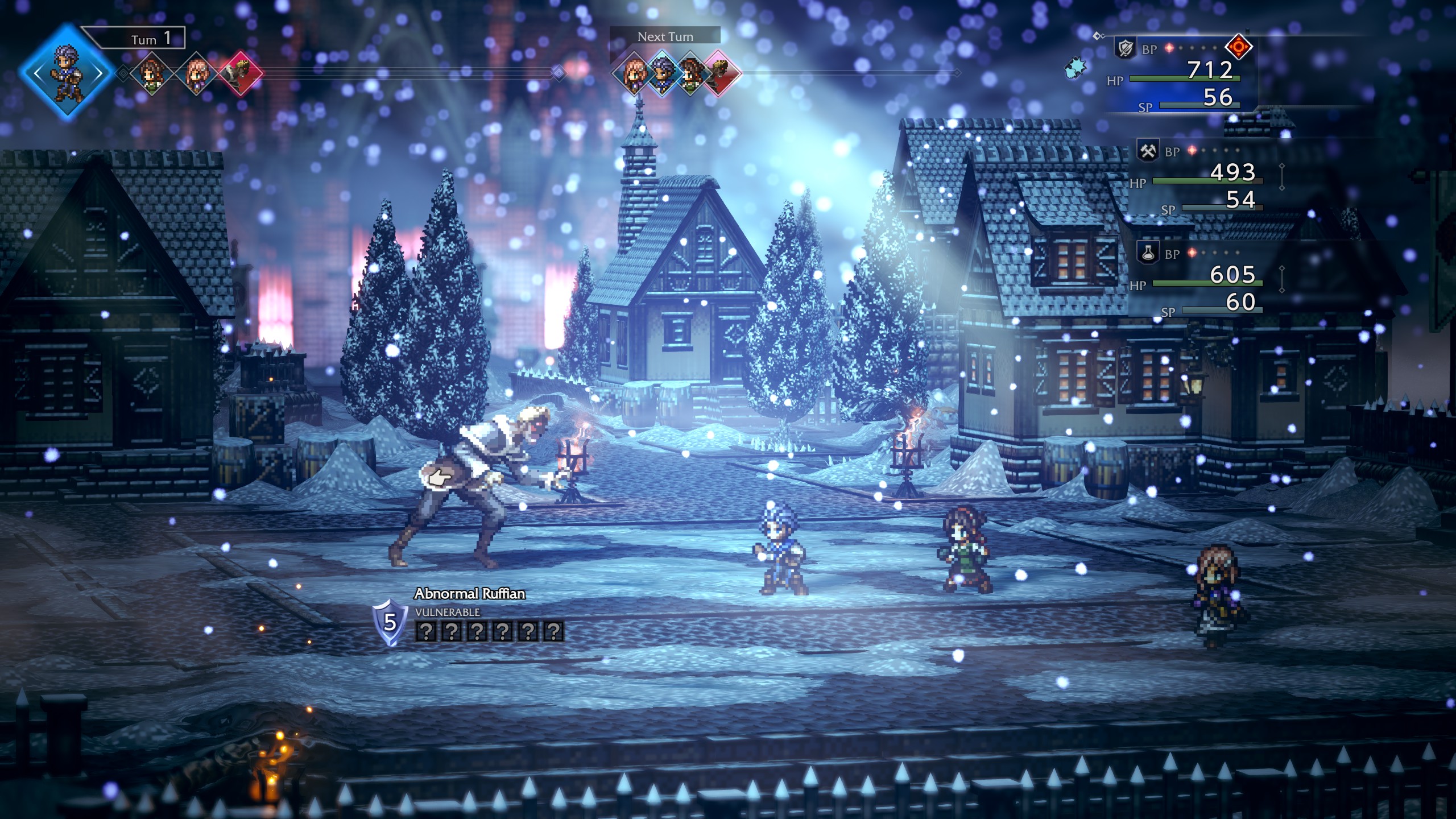 The party fights an Abnormal Ruffian in a snowy village in Octopath Traveler 0