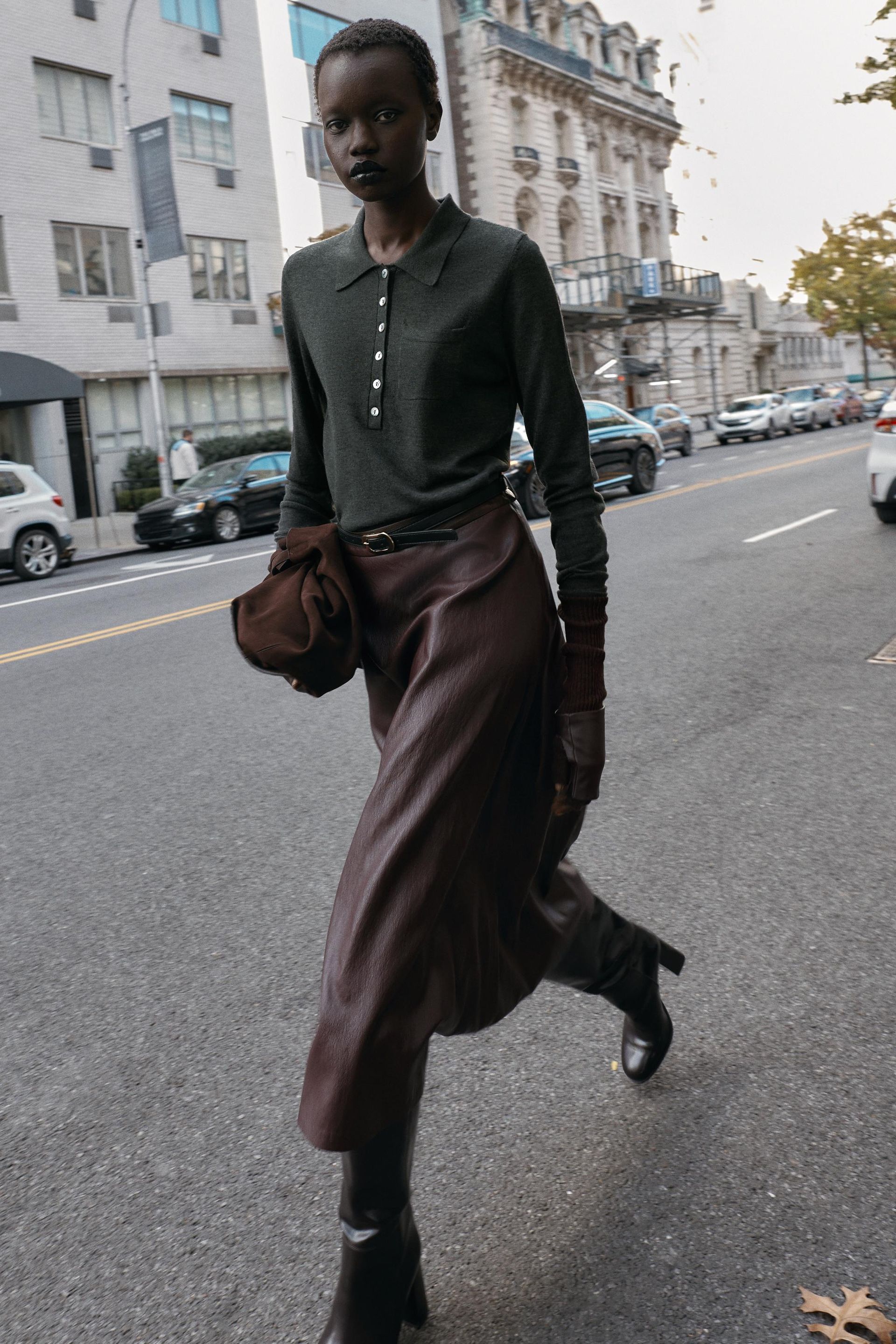 Faux Leather Midi Skirt With Belt