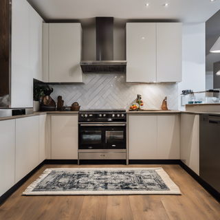 Black and white rug in kitchen next to stove