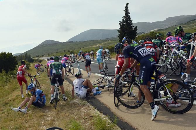 Riders get going again after the Tour de France stage 5 crash