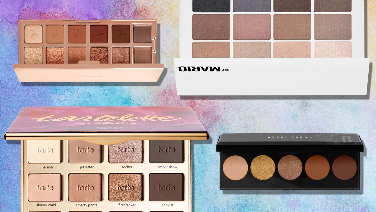 product collage of neutral eyeshadow palettes from patrick ta, makeup by mario, tarte, and bobbi brown overlaid a purple and blue watercolor background