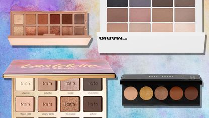 product collage of neutral eyeshadow palettes from patrick ta, makeup by mario, tarte, and bobbi brown overlaid a purple and blue watercolor background