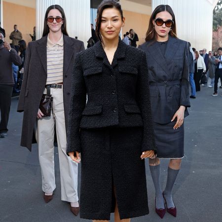 A collage featuring images of Eileen Gu and Caitlin Clark at the Prada FW26 show and Chloe Kim at the Ferragamo FW26 show during Milan Fashion Week.