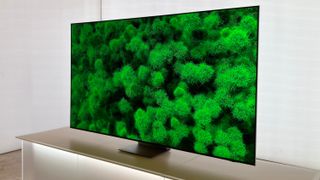 Samsung's unnamed, 98-inch 8K TV equipped with RGB Micro-LED technology displaying green foliage in a white-colored room