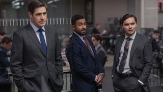 Members of the Fair Play cast (L-R): Paul (Rich Sommer), Arjun (Sia Alipour) and Rory (Sebastian de Souza) wearing business suits.