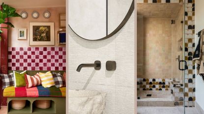 Compilation of one kitchen and two bathrooms showing key tile trends 2026