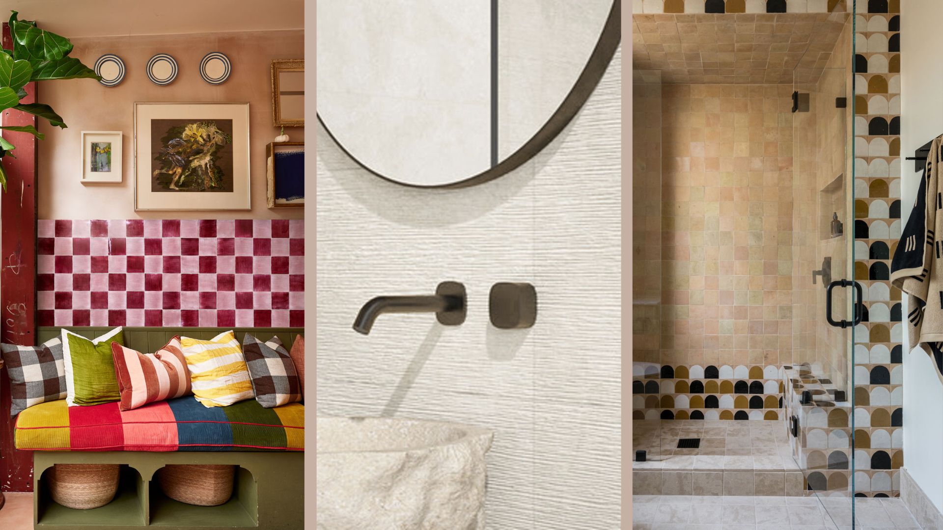 Compilation of one kitchen and two bathrooms showing key tile trends 2026