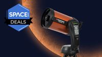 The Celestron NexStar 8 SE Computerized Telescope on Space.com orange planet deals background with Space.com logo.