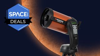 The Celestron NexStar 8 SE Computerized Telescope on Space.com orange planet deals background with Space.com logo.