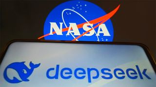 DeepSeek on smartphone in front of NASA logo