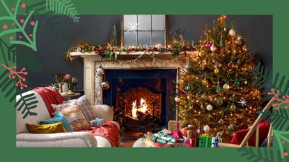 An example of how to decorate a Christmas tree pictured in a living room with an open fire