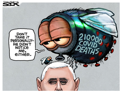 Political Cartoon U.S. Pence debate fly covid deaths
