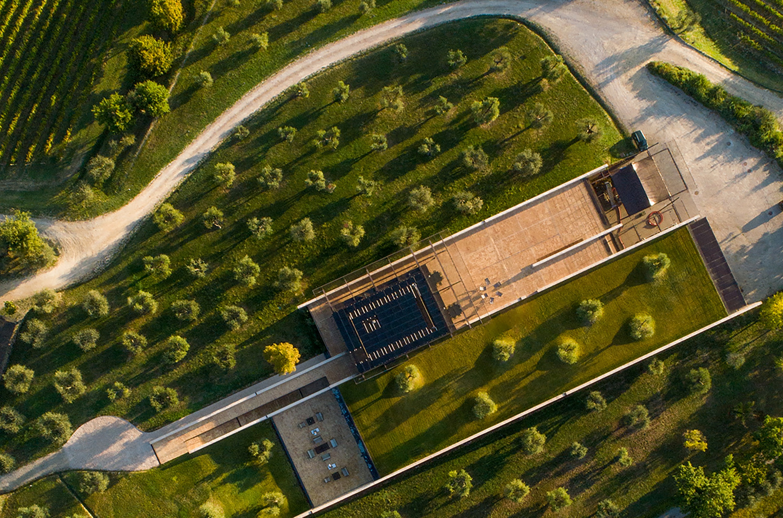 picture from above of a winery and vineyard