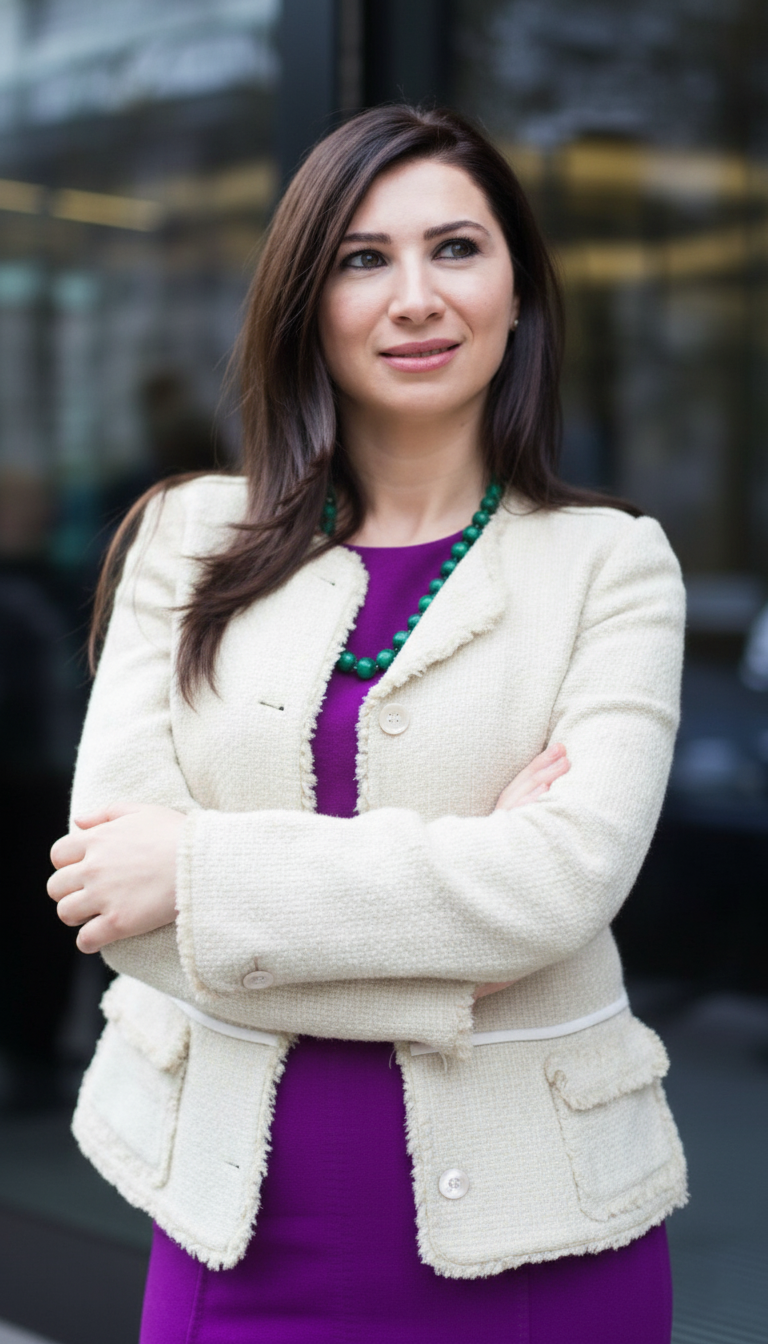 A woman poses with crossed arms