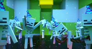 Skeletons dancing while wearing party hats 