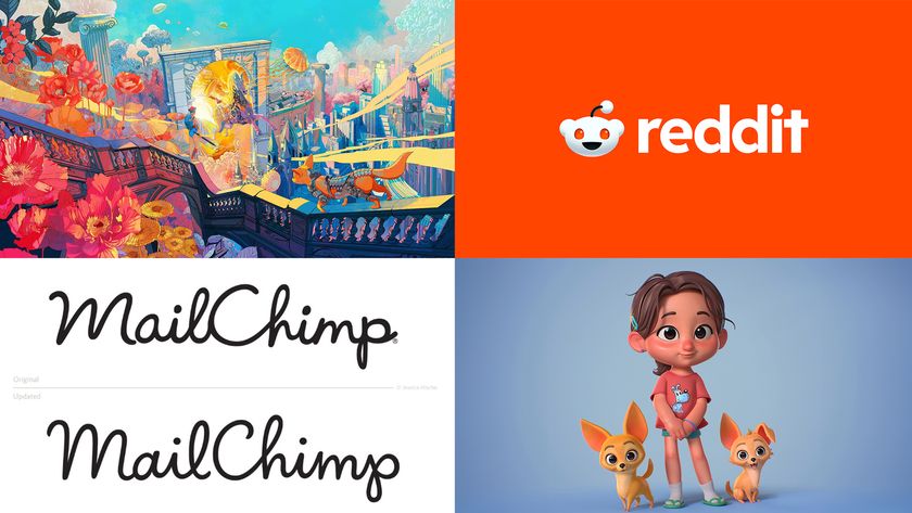 four images showing an illustrated scene, the Reddit logo, Mailchimp logos before and after and a cartoon little girl with dogs