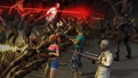 A group of survivors shoot over wooden barricades at a horde of zombies