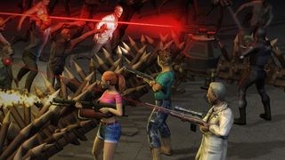 A group of survivors shoot over wooden barricades at a horde of zombies