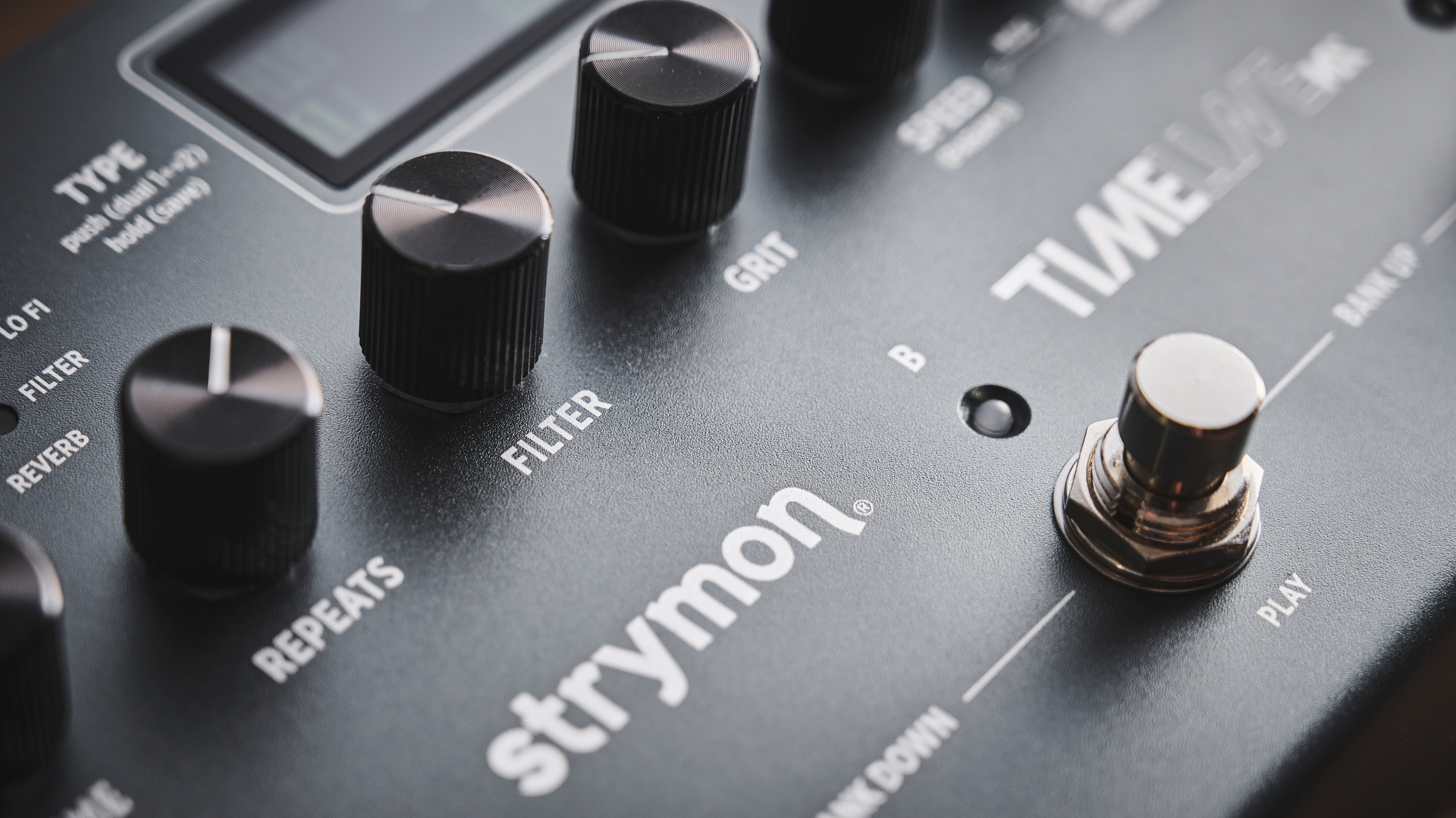 Close up of the Strymon TimeLine MX delay pedal