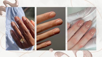 On the left is a close-up of a hand with beige reverse French tip nails by manicurist, Julia Diogo (@paintedbyjools), followed by another close-up of someone's hand with warm, nude-beige short nails by nail artist and digital creator, Mateja Novakovic (@matejanova). And finally, on the right is a picture of a hand with square beige nails by nail artist and nail educator, Fliss Alton (@gelsbyfliss)/ all featured in a grey and white template with a beige swirly line and two beige/cream nail polish spills.