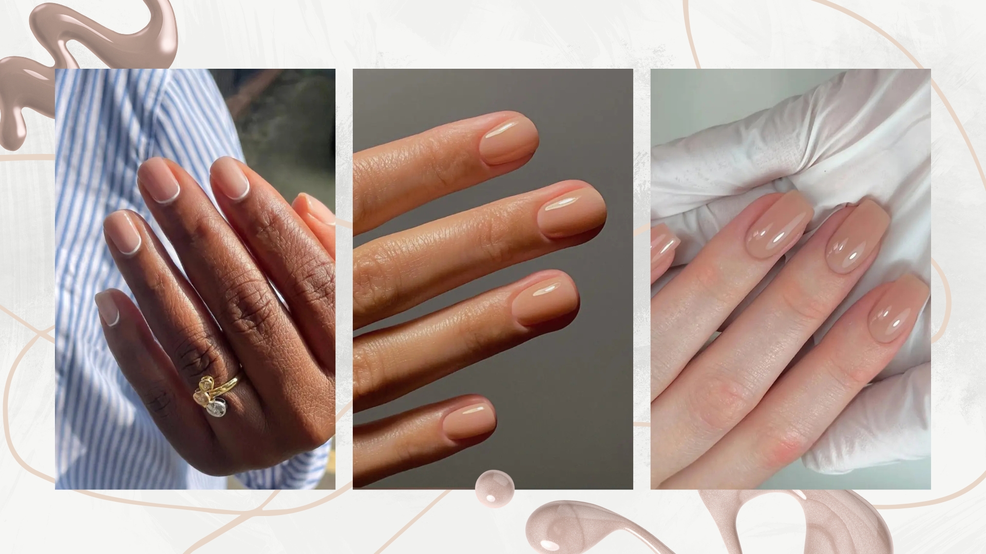 On the left is a close-up of a hand with beige reverse French tip nails by manicurist, Julia Diogo (@paintedbyjools), followed by another close-up of someone's hand with warm, nude-beige short nails by nail artist and digital creator, Mateja Novakovic (@matejanova). And finally, on the right is a picture of a hand with square beige nails by nail artist and nail educator, Fliss Alton (@gelsbyfliss)/ all featured in a grey and white template with a beige swirly line and two beige/cream nail polish spills.