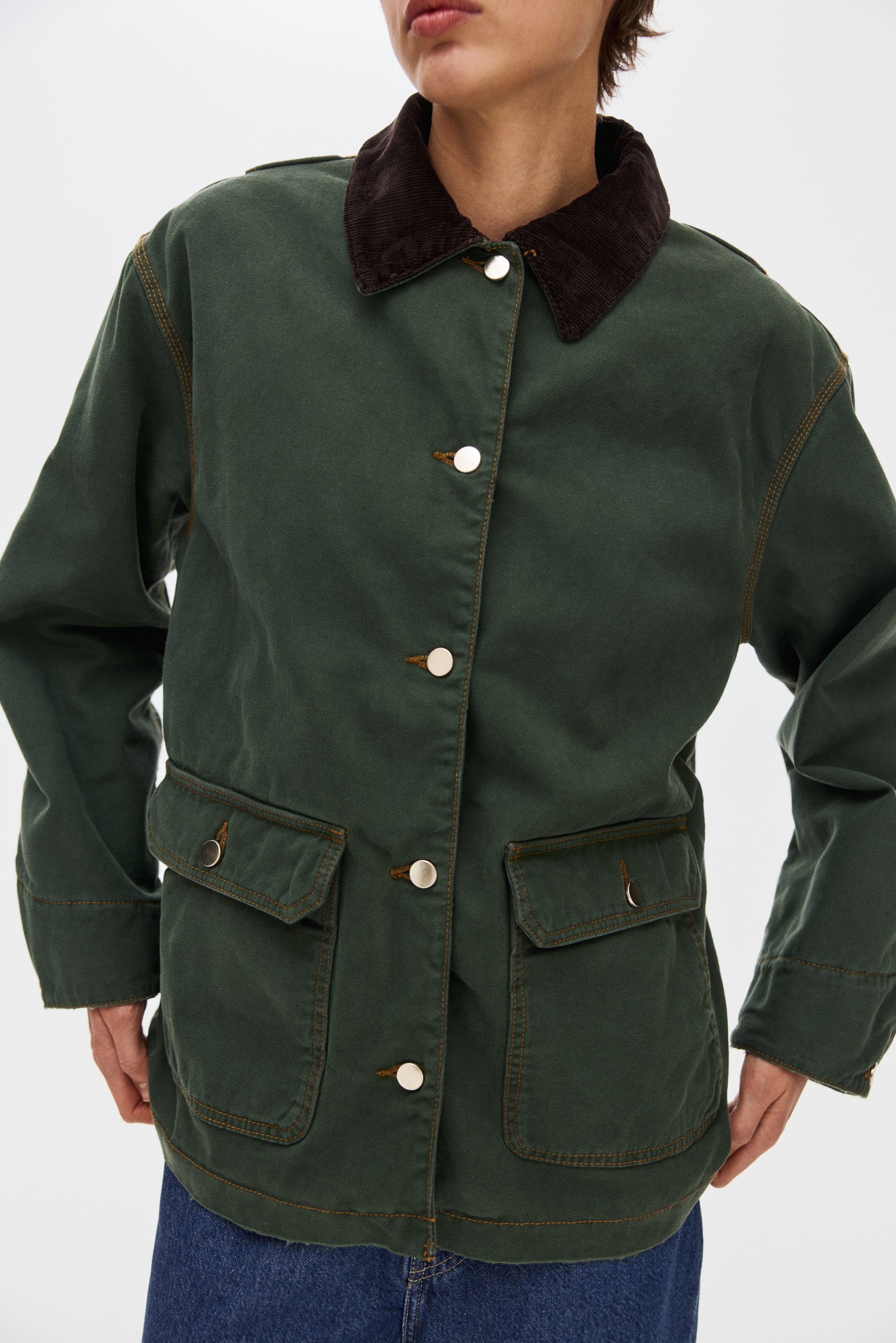 Oversized Corduroy-Collar Jacket - Dark Green