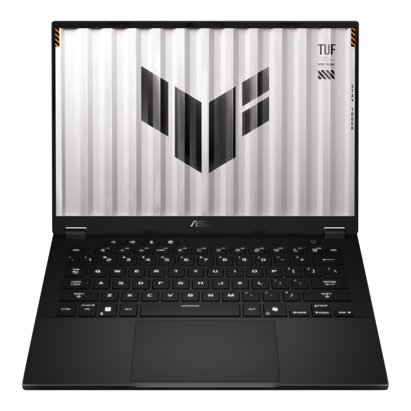 Front view of an ASUS TUF Gaming laptop with a rugged design, black keyboard, and display showing the TUF logo on a corrugated metal-style background