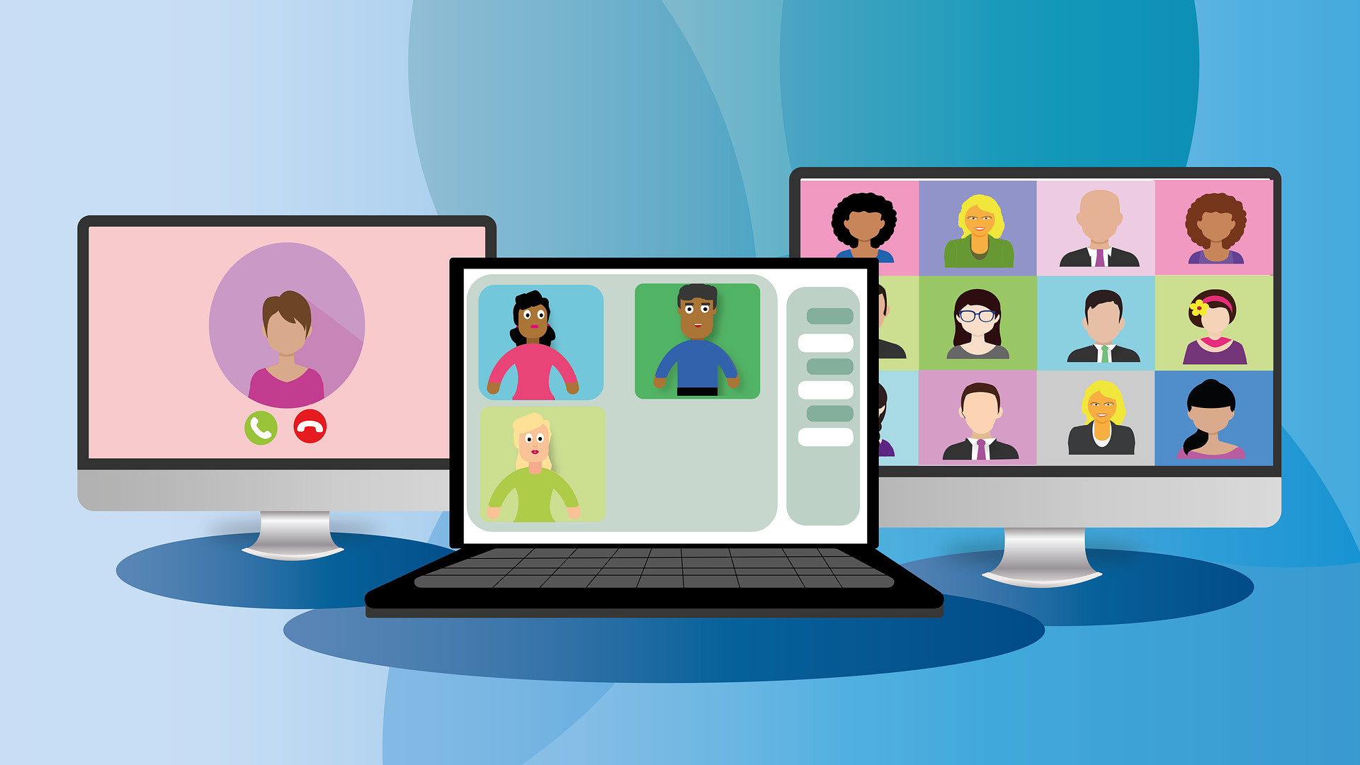 Illustration of videoconference participants on three computer screens