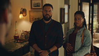 ot fagbenle and teyonah parris as dennis and carlo looking concerned while touring a home in no good deed