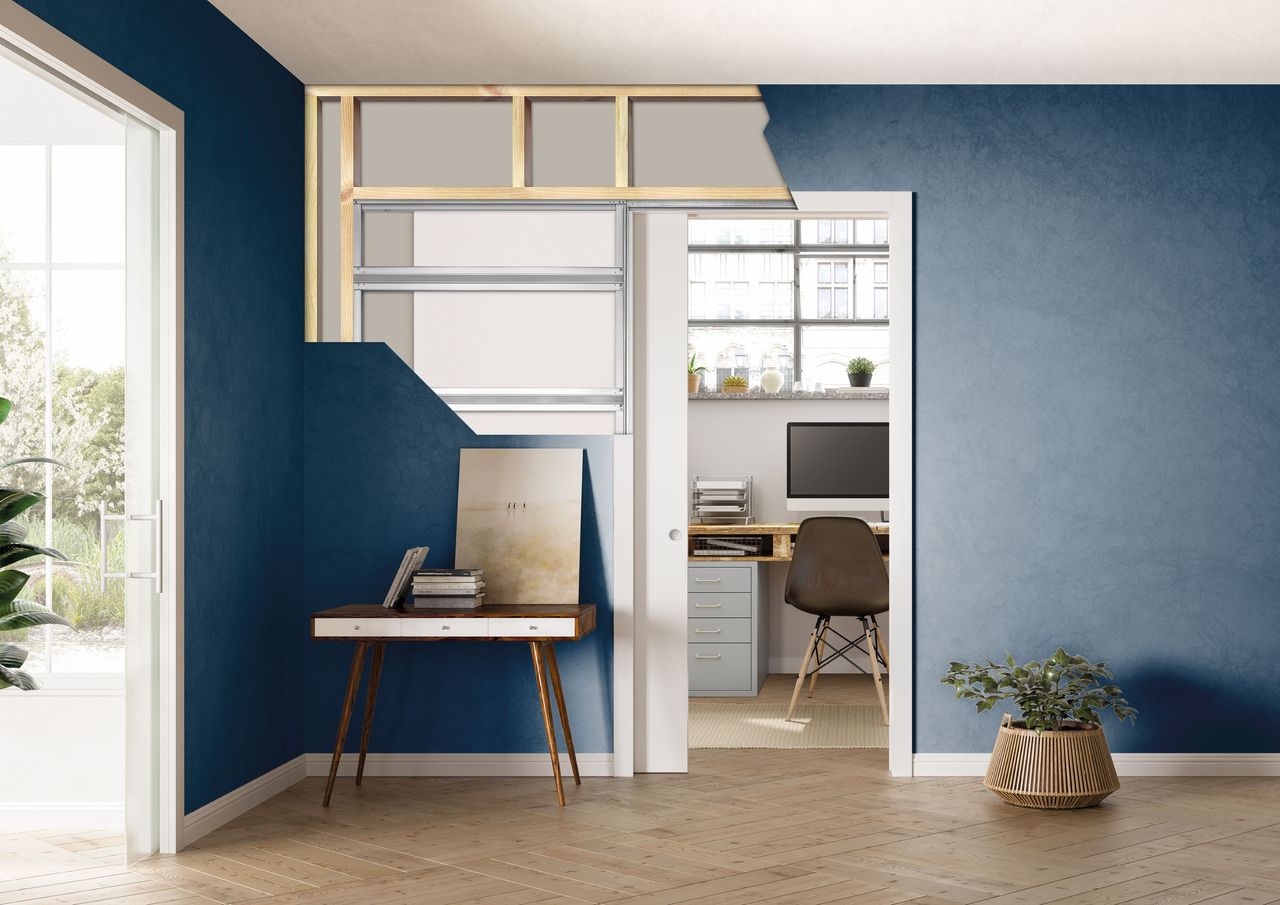 A cross section of a wall showing how ECLISSE pocket doors work