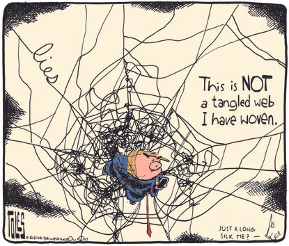 Political cartoon U.S. Trump Russia investigation web of lies