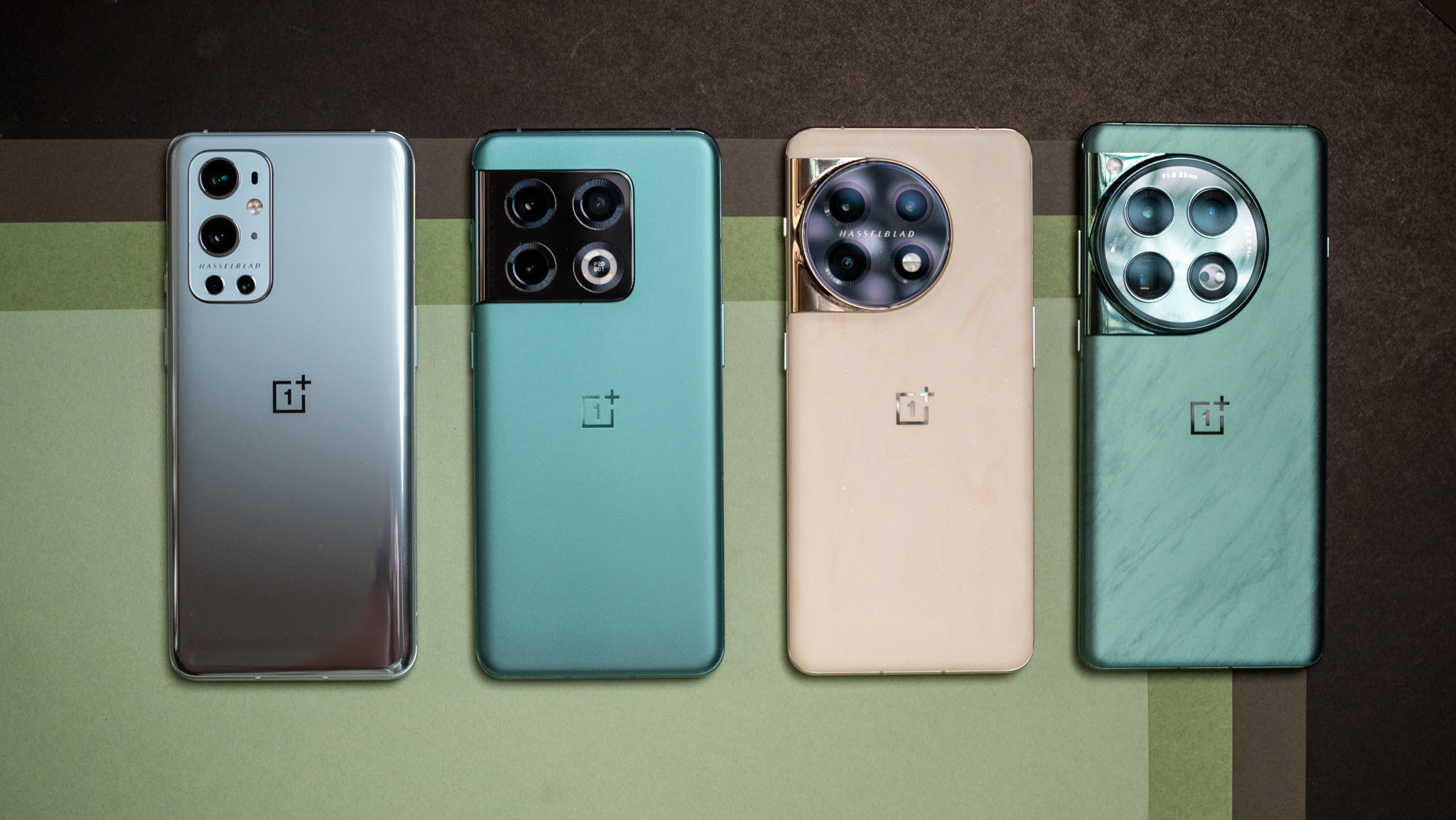 OnePlus 12 ao lado do OnePlus 9, OnePlus 10 e OnePlus 11