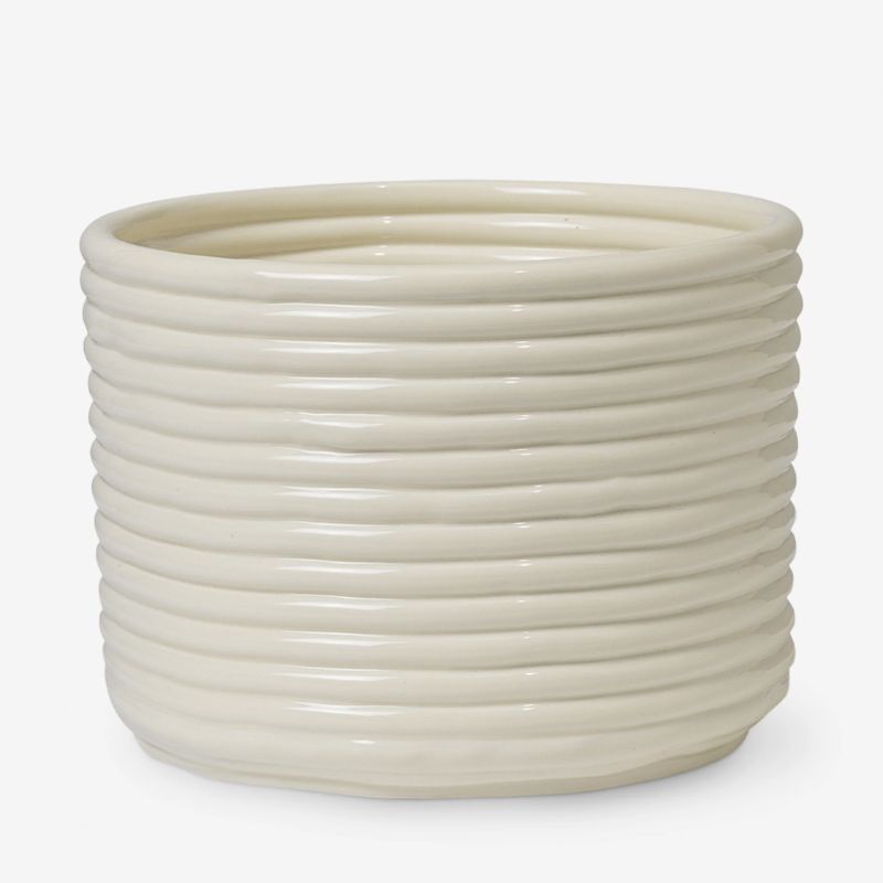 white plant pot with ribbed texture