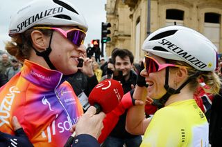 Marlen Reusser and Demi Vollering (SD Worx) celebrate a 1-2 overall and on the stage during stage 3 of Itzulia Women