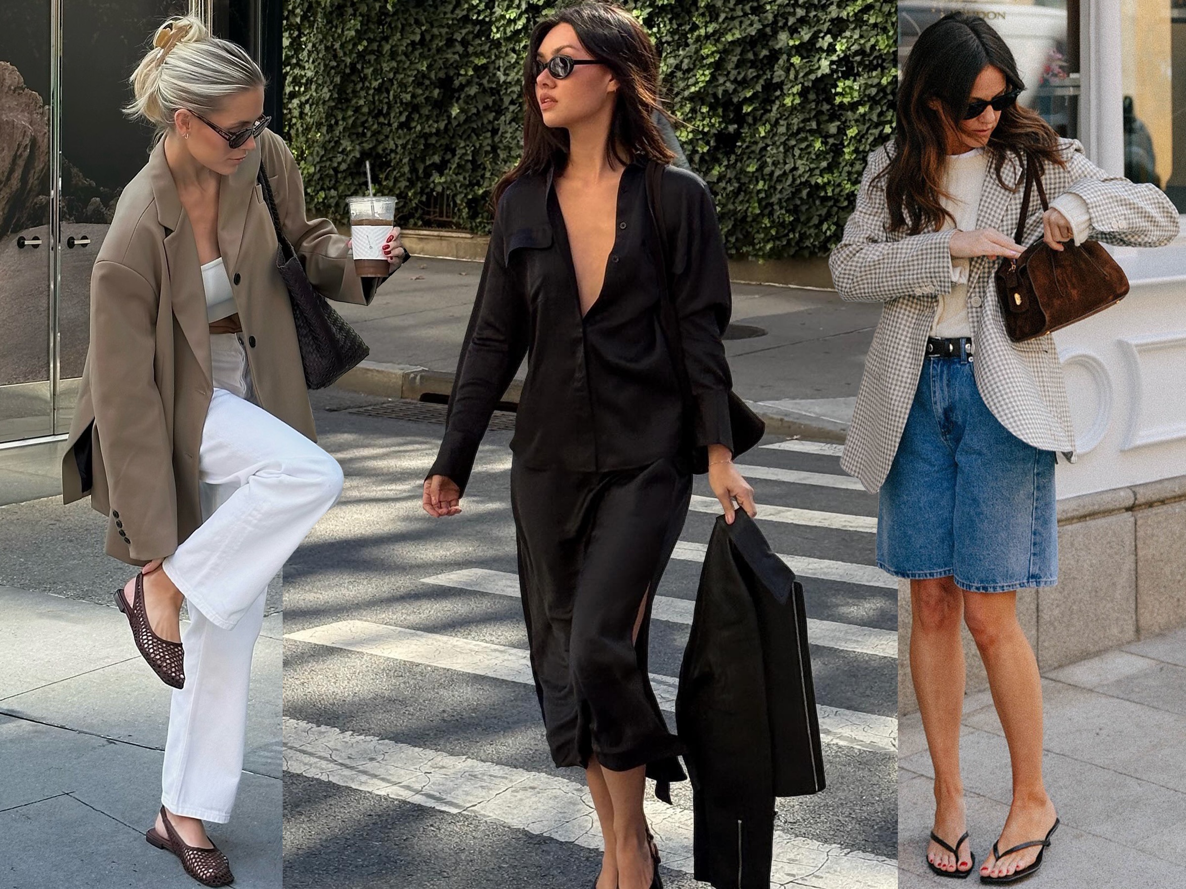 fashion collage of style influencers including Fredricka Ekerot, Mimi Nguyen, and Kim Turkington wearing chic 2025 bottoms trends like white jeans, a black slip skirt, and Bermuda denim shorts