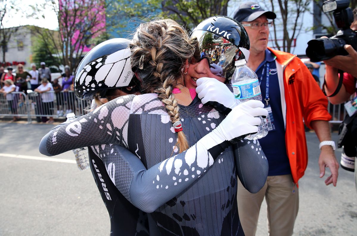 Velocio-SRAM riders celebrate winning the team time trial title
