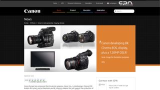 A screenshot of the Canon Professional Network website from 2015, with the headline "Canon developing 8K Cinema EOS, display, plus a 120MP DSLR!"