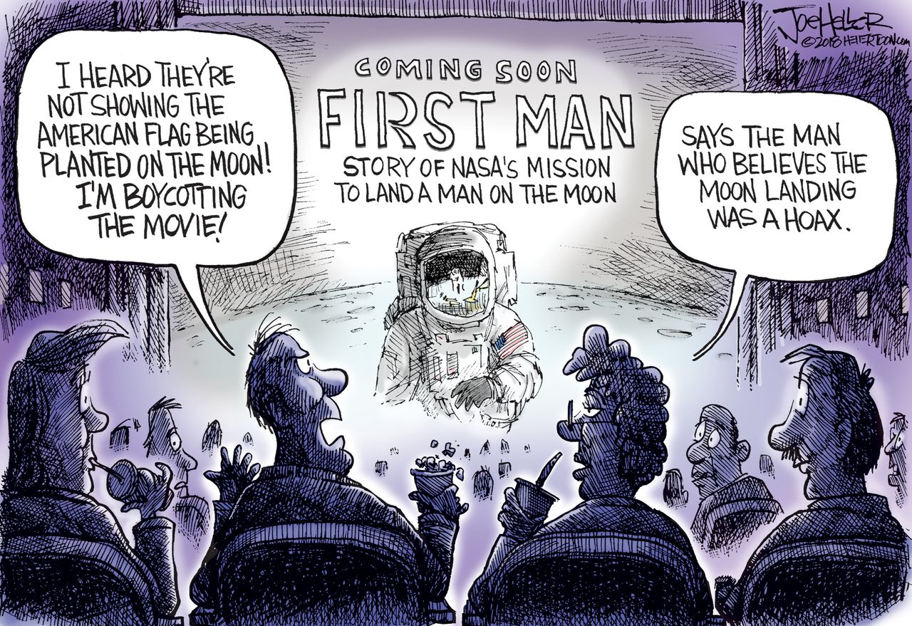 Editorial cartoon U.S. First Man movie American flag moon landing hoax