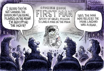 Editorial cartoon U.S. First Man movie American flag moon landing hoax