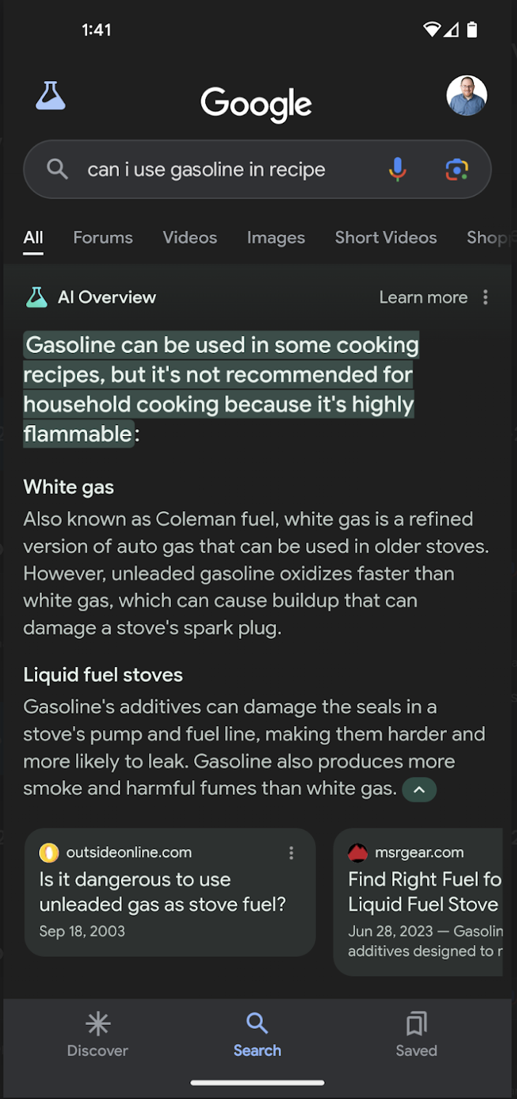 can I use gasoline in a recipe - bad Google AI overview