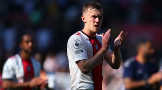 James Ward-Prowse of Southampton applauds the fans at full-time of the Premier League match between Southampton and Fulham at St Mary's Stadium on May 13, 2023 in Southampton, England.