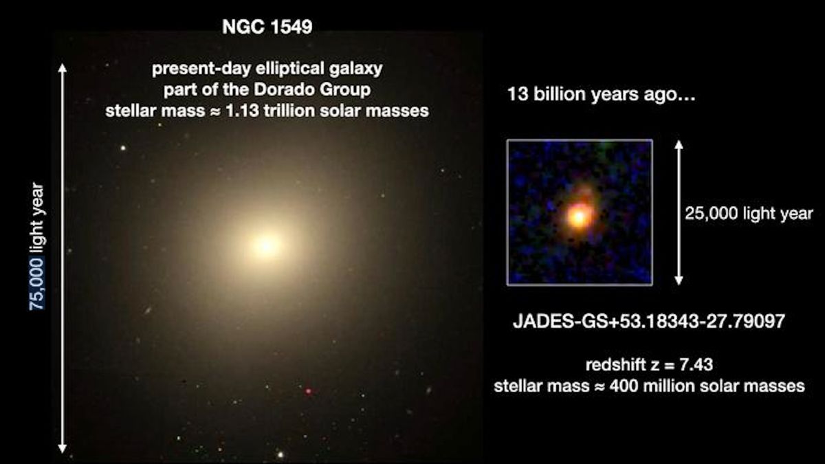 image showing two faraway galaxies, along with white text describing them and scale bars showing how big they are