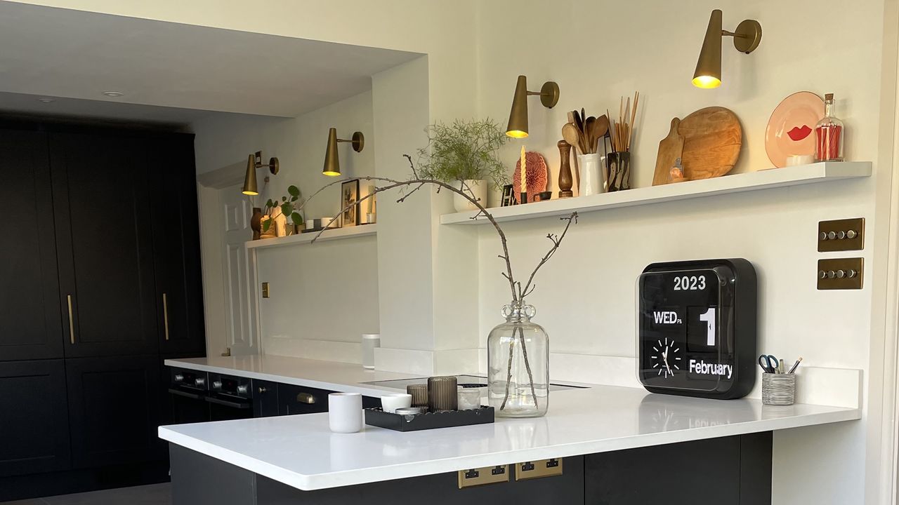 Heather black kitchen with open shelving