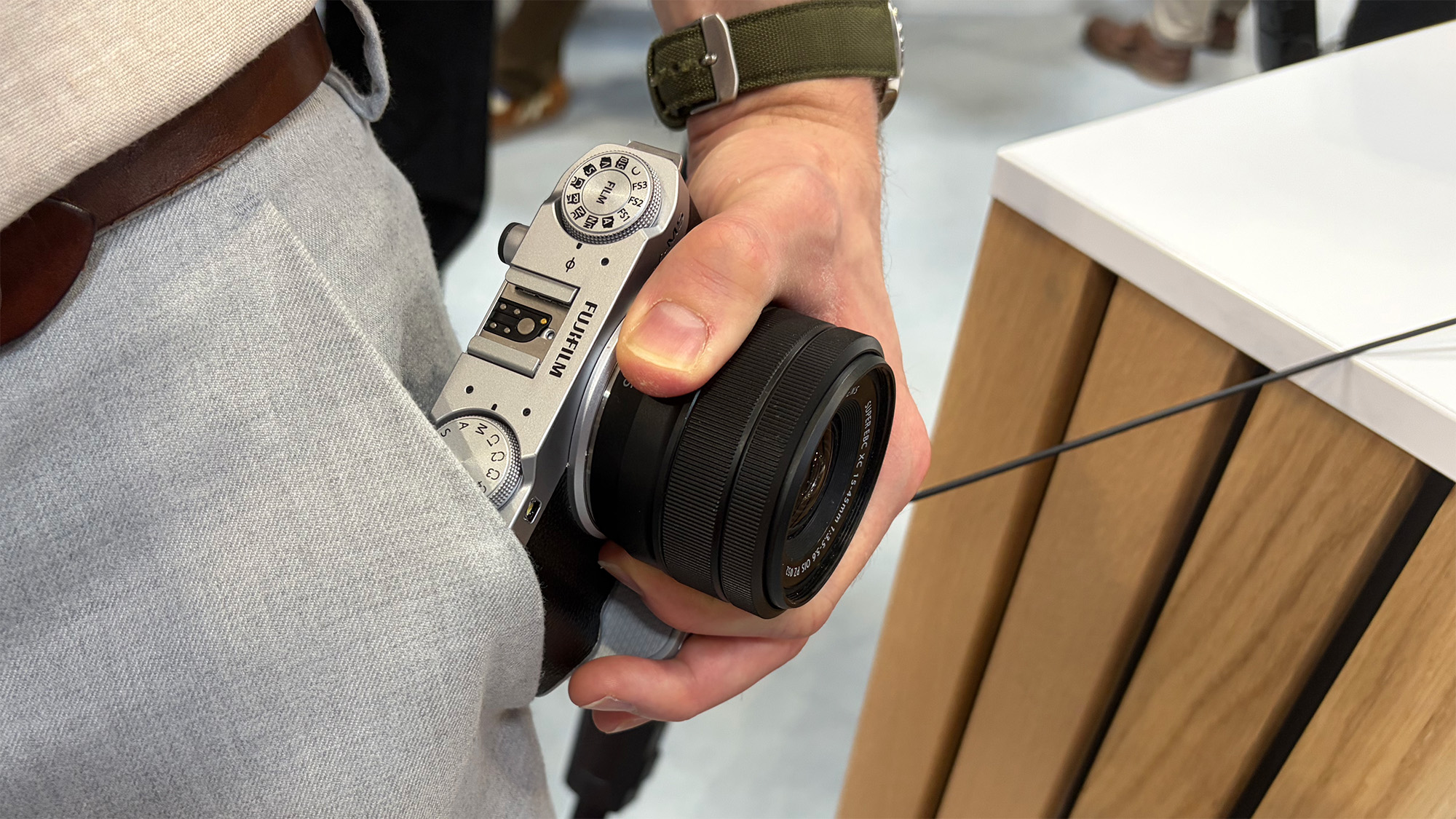 Mike Harris handling Fujifilm X-M5 on trade-show floor