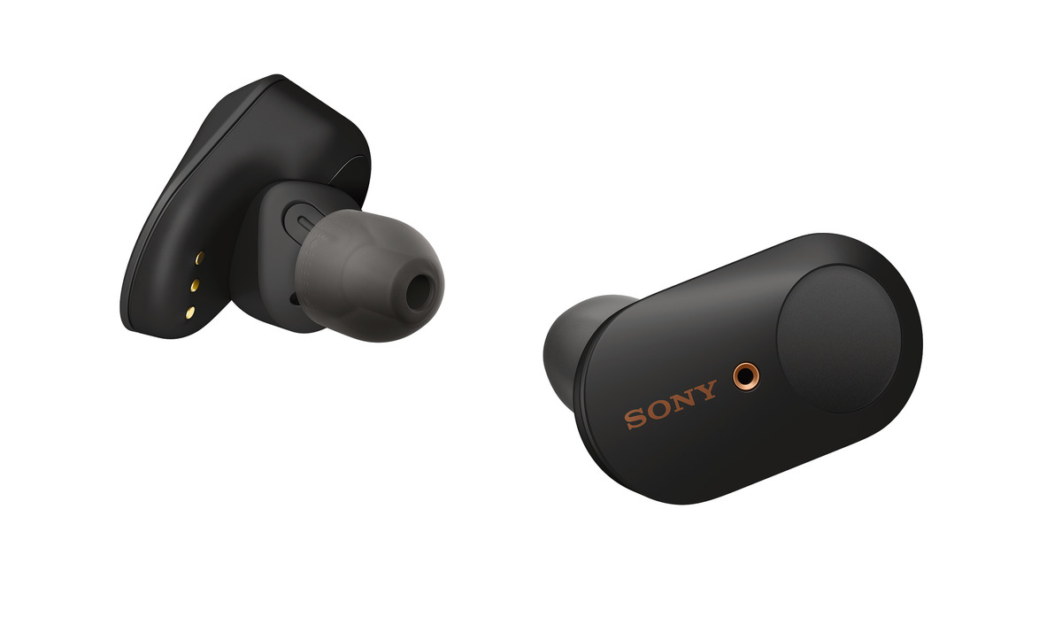 The Sony WF-1000XM3 wireless earbuds in black
