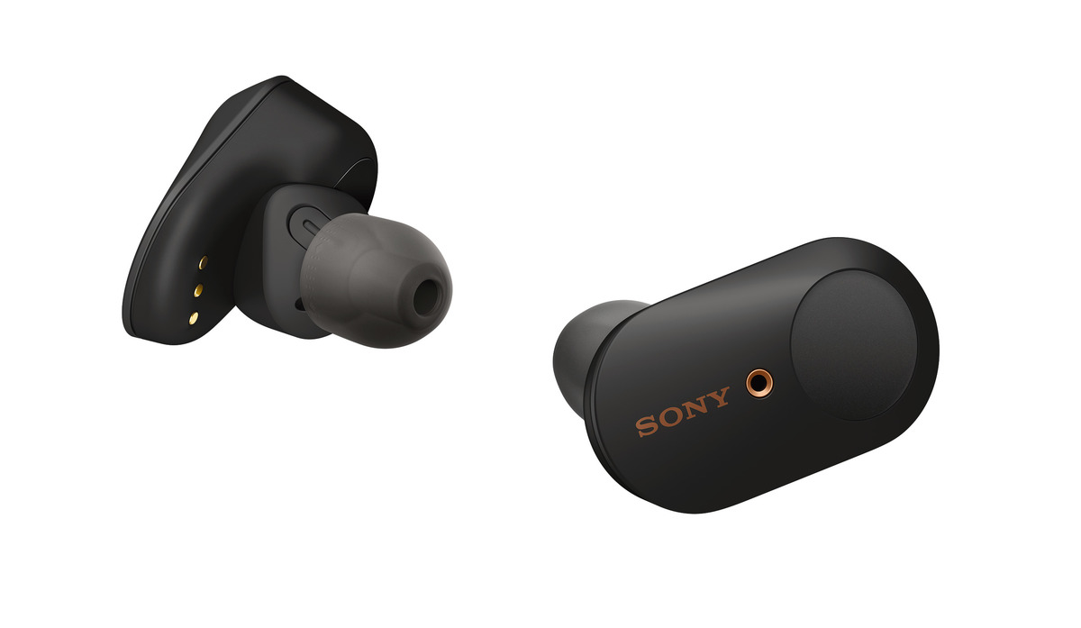 the Sony WF-1000XM3 wireless earbuds in black