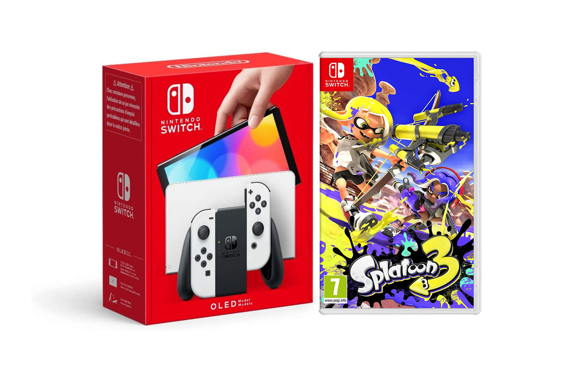A product shot of the Nintendo Switch OLED and Splatoon 3 on a white background