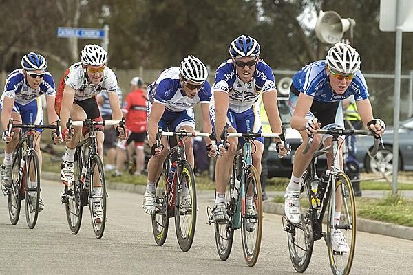 A five rider break was trying to hold off the fast finishing peloton on the bell lap.