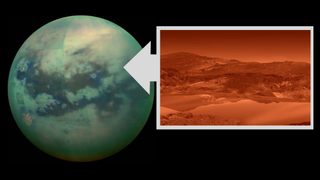 (Left) A view of saturn's moon Titan taken by cassini (Right) an illustration of the landscape of the large Saturnian moon