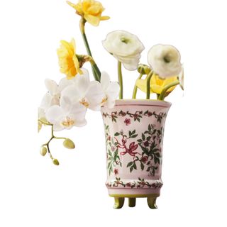 Lou Rota mantis and floral white and pink stoneware vase